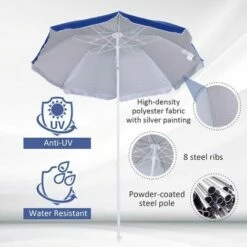 Outsunny Arc1.7m Outdoor Beach Umbrella Parosol Tilt Sun Shelter W/ Bag Blue -Outsunny store 17860022 4