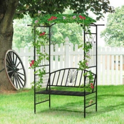 Outsunny Garden Arbour Arch Metal Bench Loveseat Outdoor Patio Plant Climber -Outsunny store 18176028 3