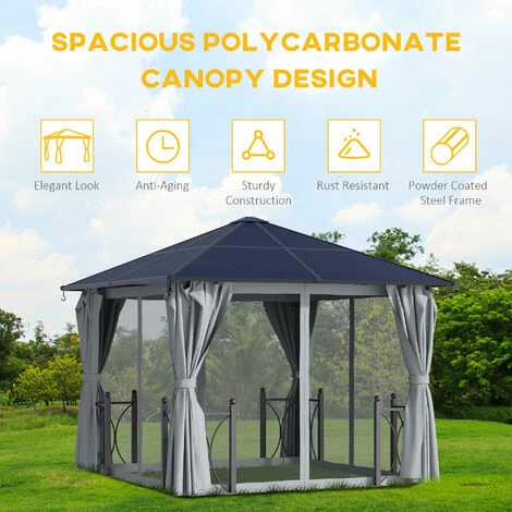 Outsunny 3x3(m) Hardtop Gazebo With Polycarbonate Roof, Netting And Curtains 6 Outsunny 3x3(m) Hardtop Gazebo With Polycarbonate Roof, Netting And Curtains - Image 4