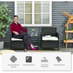 Outsunny 3 PC Outdoor Rattan Sofa Set W/ Chairs Coffee Table Cushion Black -Outsunny store 18176040 4