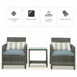 Outsunny 3 PC Outdoor Rattan Sofa Set W/ Chairs Coffee Table Cushion Grey 5 Outsunny 3 PC Outdoor Rattan Sofa Set W/ Chairs Coffee Table Cushion Grey -Outsunny store 18176041 4