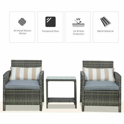 Outsunny 3 PC Outdoor Rattan Sofa Set w/ Chairs Coffee Table Cushion Grey Outsunny 3 PC Outdoor Rattan Sofa Set W/ Chairs Coffee Table Cushion Grey -Outsunny store 18176041 4