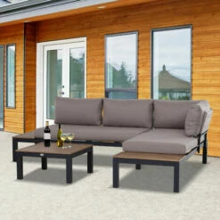 Outsunny 3pcs Garden Sectional Sofa Side Table Furniture Set Aluminum W/ Cushion 4 Outsunny 3pcs Garden Sectional Sofa Side Table Furniture Set Aluminum W/ Cushion -Outsunny store 18265372 3