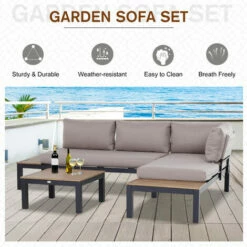 Outsunny 3pcs Garden Sectional Sofa Side Table Furniture Set Aluminum W/ Cushion 6 Outsunny 3pcs Garden Sectional Sofa Side Table Furniture Set Aluminum W/ Cushion -Outsunny store 18265372 5