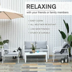 Outsunny 4pcs Garden Loveseat Chairs Table Furniture Aluminum W/ Cushion, White -Outsunny store 18265374 5
