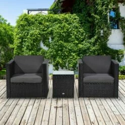 Outsunny 3Pcs Patio 2 Seater Rattan Sofa Garden Furniture Set Coffee W/ Cushions -Outsunny store 18265385 3