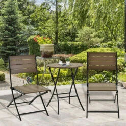 Outsunny 3 Piece Outdoor Folding Patio Bistro Table And Slatted Chair Brown -Outsunny store 18373681 3
