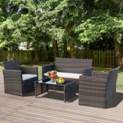 Outsunny 4pc Patio Garden Rattan Wicker Sofa 2-Seater Loveseat Chair Table Brown -Outsunny store 18373693 3