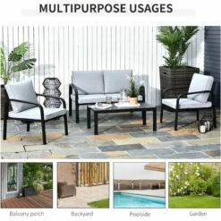 Outsunny 4pcs Garden Sectional Loveseat Chairs Table Furniture W/ Cushion, Black -Outsunny store 18423672 4