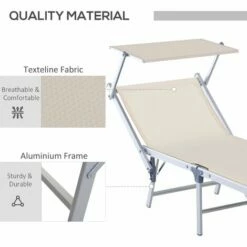 Outsunny Outdoor Lounger Fold 180° Reclining Chair W/ Adjustable Canopy Beige -Outsunny store 18423680 5
