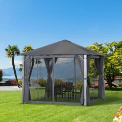 Outsunny Outdoor Gazebo Steel Wood Grain Frame Mesh Curtain Sun Shelter -Outsunny store 18423682 3