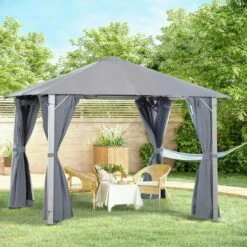 Outsunny Outdoor Gazebo Steel Wood Grain Frame Mesh Curtain Sun Shelter -Outsunny store 18423682 4