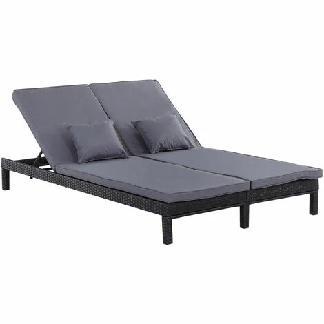 Outsunny 2 Person Rattan Lounger Adjustable Double Chaise Chair W/ Cushion Black 3 Outsunny 2 Person Rattan Lounger Adjustable Double Chaise Chair W/ Cushion Black
