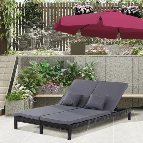 Outsunny 2 Person Rattan Lounger Adjustable Double Chaise Chair W/ Cushion Black 5 Outsunny 2 Person Rattan Lounger Adjustable Double Chaise Chair W/ Cushion Black - Image 3