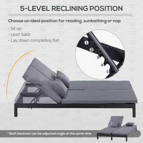 Outsunny 2 Person Rattan Lounger Adjustable Double Chaise Chair W/ Cushion Black 7 Outsunny 2 Person Rattan Lounger Adjustable Double Chaise Chair W/ Cushion Black - Image 5