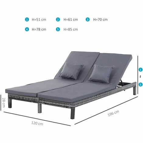 Outsunny 2 Person Rattan Lounger Adjustable Double Chaise Chair w/ Cushion Grey Outsunny 2 Person Rattan Lounger Adjustable Double Chaise Chair W/ Cushion Grey -Outsunny store 18423700 2