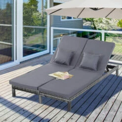 Outsunny 2 Person Rattan Lounger Adjustable Double Chaise Chair W/ Cushion Grey 4 Outsunny 2 Person Rattan Lounger Adjustable Double Chaise Chair W/ Cushion Grey -Outsunny store 18423700 3