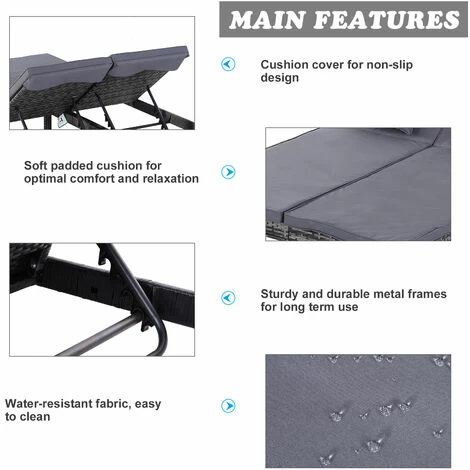 Outsunny 2 Person Rattan Lounger Adjustable Double Chaise Chair w/ Cushion Grey Outsunny 2 Person Rattan Lounger Adjustable Double Chaise Chair W/ Cushion Grey -Outsunny store 18423700 5