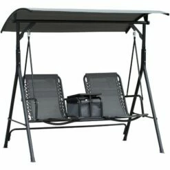 Outsunny 2 Person Swing Chair With Pivot Table & Middle Storage Console, Grey
