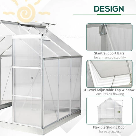 Outsunny 6x6ft Walk-In Greenhouse Polycarb. Panels Aluminium Frame Sliding Door 6 Outsunny 6x6ft Walk-In Greenhouse Polycarb. Panels Aluminium Frame Sliding Door - Image 4