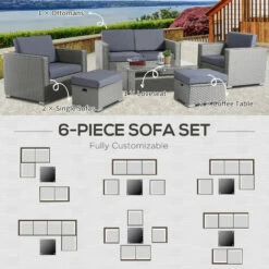 Outsunny 6pc Garden Furniture Set Rattan Sofa Outdoor Wicker Table Ottoman Stool -Outsunny store 2093436 4
