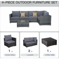 Outsunny 4 Pieces Rattan Furniture Set Sofa Chair Coffee Table Wicker Grey -Outsunny store 2093437 4