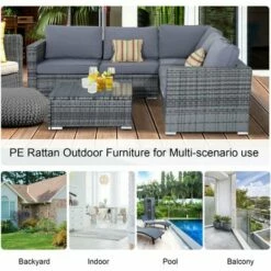 Outsunny 4 Pieces Rattan Furniture Set Sofa Chair Coffee Table Wicker Grey -Outsunny store 2093437 5