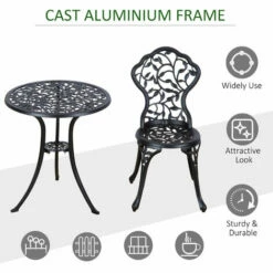 Outsunny Cast Aluminum Bistro Set Garden Coffee Table Chair Outdoor Dining Seat -Outsunny store 2093445 5