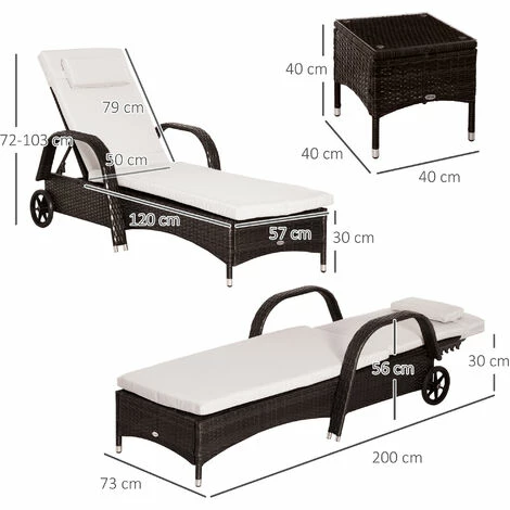 Outsunny Garden Rattan Furniture 3 PC Sun Lounger Recliner Bed Chair Set With Side Table Wicker (Brown) 4 Outsunny Garden Rattan Furniture 3 PC Sun Lounger Recliner Bed Chair Set With Side Table Wicker (Brown) - Image 2
