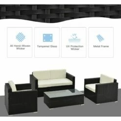 Outsunny 4PC Rattan Sofa Set Outdoor Coffee Table Chair Wicker Garden Black -Outsunny store 2679958 4