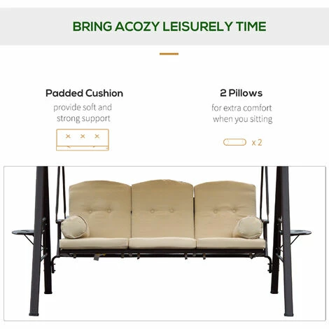 Outsunny 3 Seat Garden Swing Chair Patio Steel Swing Bench w/ Cup Trays Beige Outsunny 3 Seat Garden Swing Chair Patio Steel Swing Bench W/ Cup Trays Beige -Outsunny store 2739434 5