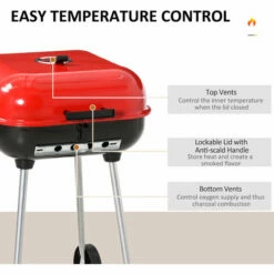 Outsunny Charcoal Trolley BBQ Garden Barbecue Cooker Grill Wheel, Black And Red -Outsunny store 2739484 4