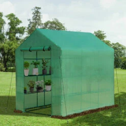 Outsunny Walk In Garden Greenhouse W/ Shelf Roll Up Door PE Cover 2 X 1.43 X 2m -Outsunny store 28187993 3