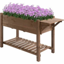 Outsunny Wooden Raised Plant Stand Tall Flower Bed With Shelf 123 X 54 X 74cm