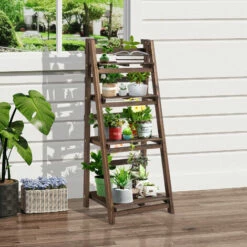 Outsunny 4-Tier Wooden Shelf Foldable Flower Pots Holder Stand Indoor Outdoor -Outsunny store 28381598 3