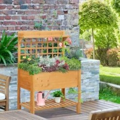 Outsunny Wooden Planter Raised Elevated Garden Bed W/ 2 Shelves, 105x40x135cm -Outsunny store 28403393 3
