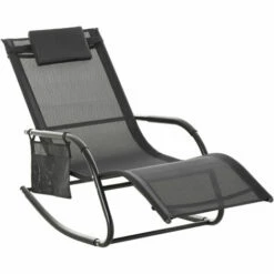 Outsunny Breathable Mesh Rocking Chair Outdoor Recliner W/ Headrest Black