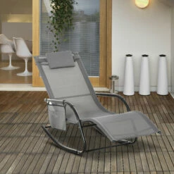 Outsunny Breathable Mesh Rocking Chair Outdoor Recliner W/ Headrest Grey -Outsunny store 28424766 3
