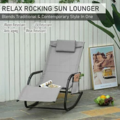 Outsunny Breathable Mesh Rocking Chair Outdoor Recliner W/ Headrest Grey -Outsunny store 28424766 4