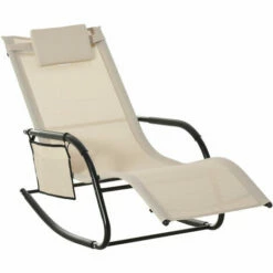 Outsunny Breathable Mesh Rocking Chair Outdoor Recliner W/ Headrest Cream White