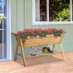 Outsunny Free Standing Wooden Planter Garden Raised Bed W/ Shelf, 148.5x79x82cm -Outsunny store 28447604 3