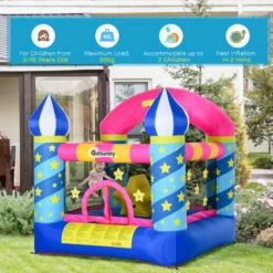 Outsunny Kids Bouncy Castle House Trampoline Basket W/ Blower For Age 3-10 Blue -Outsunny store 28831577 5