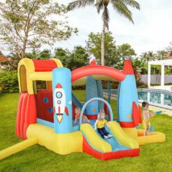 Outsunny Bouncy Castle With Slide Pool Rocket Trampoline W/ Carrybag Blower -Outsunny store 28831584 3