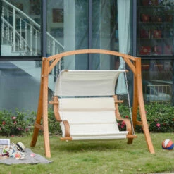 Outsunny Wooden Porch A-Frame Swing Chair W/ Canopy And Cushion For Patio Garden -Outsunny store 28831615 3
