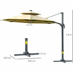 Outsunny 3m Cantilever Parasol Solar Lights Power Bank Base 360° Spin Beige -Outsunny store 29491977 2
