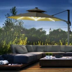 Outsunny 3m Cantilever Parasol Solar Lights Power Bank Base 360° Spin Beige -Outsunny store 29491977 3
