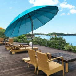 Outsunny 2.6m Round Curved Adjustable Parasol Sun Umbrella Metal Pole Turquoise -Outsunny store 29589463 3