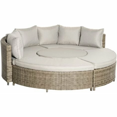Outsunny 5 PCs Outdoor Rattan Lounge Chair Round Daybed Table Set W/ Cushion 3 Outsunny 5 PCs Outdoor Rattan Lounge Chair Round Daybed Table Set W/ Cushion