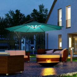 Outsunny 3(m) LED Patio Banana Umbrella Cantilever Parasol W/ Crank, Green -Outsunny store 29602413 3