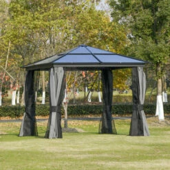 Outsunny 3x3(m) Aluminium Hardtop Gazebo Canopy W/ Polycarbonate Top, Curtains -Outsunny store 29648596 3